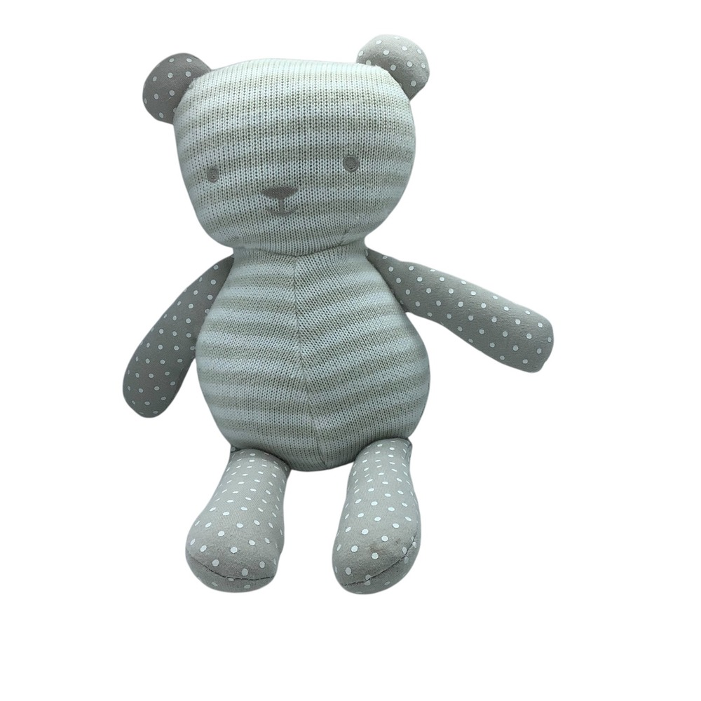 Baby Aspen Gray White Knit Teddy Bear Plush Striped Polka Dot Stuffed Animal 13"